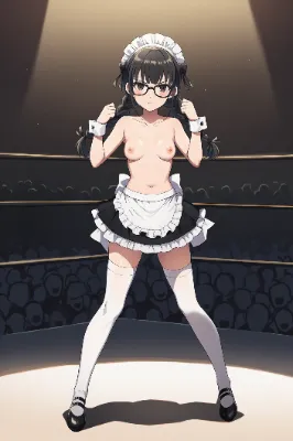 トップレス格闘おさげ眼鏡メイドさん