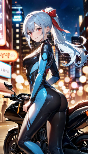 ちょっとこんな街中でライダースーツは恥ずかしいね