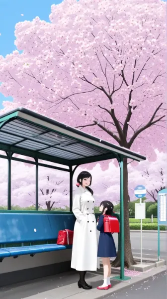 入学式に向かう母娘(バス停)