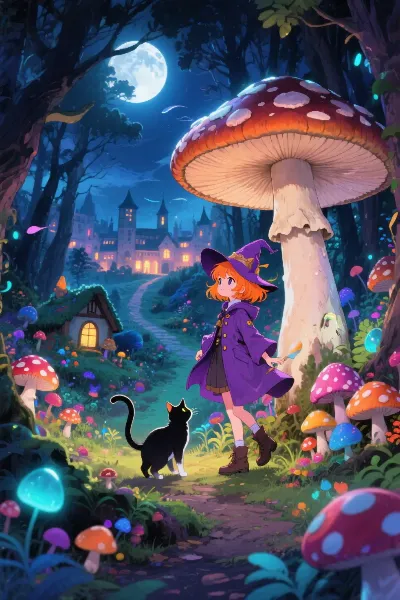 月明かりの森で魔女と黒猫の散策