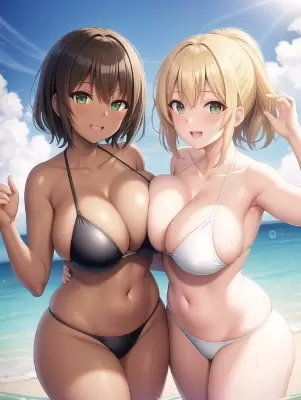 可愛い女子２人と一緒に海水浴