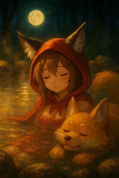 温泉に入る赤ずきんと狐柴犬