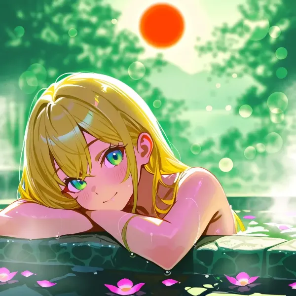 夕陽に染まる温泉の少女