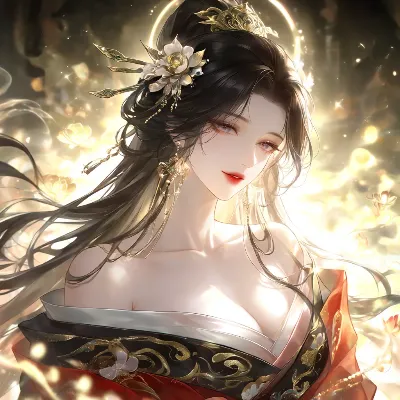 光に包まれる黒髪の麗人