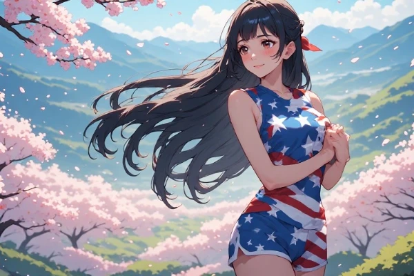 星条旗の少女と桜の出会い