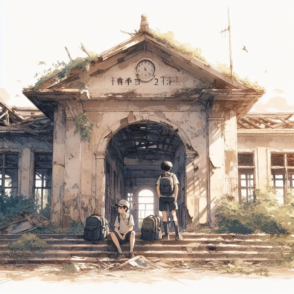 廃墟の駅を巡る男子2人詰め