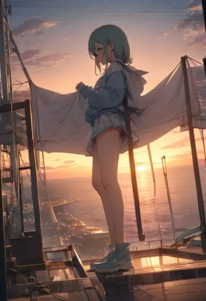 美少女と夕焼けに染まる情景