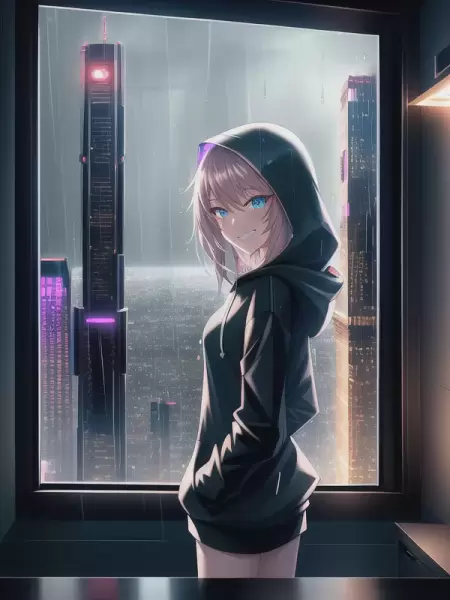 雨とビルの夜景を一緒に