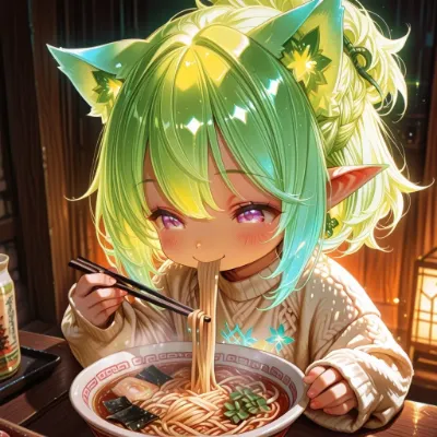 4枚）ラーメンとケモ耳エルフさん