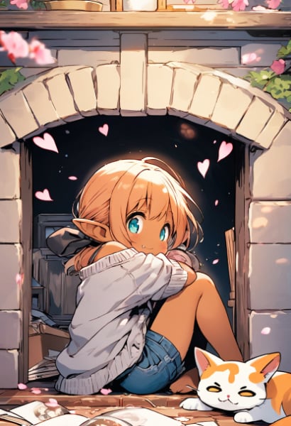 もう使用してない暖炉で遊んでるエルフさん（にゃんこもいるよ）