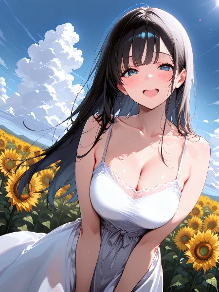 ひまわりと白ワンピース