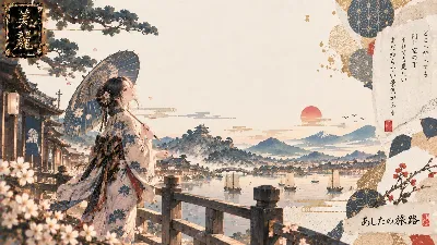 夕陽に染まる古都の旅路を望む着物美人