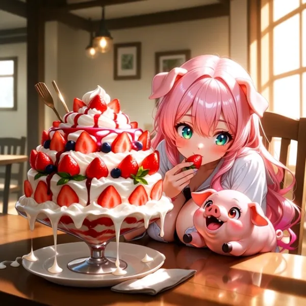 イチゴサンデーを食べる痛豚さん