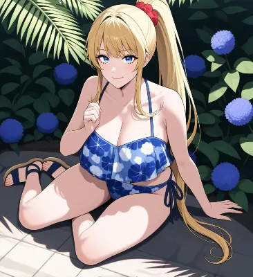 青い花とビキニの金髪少女