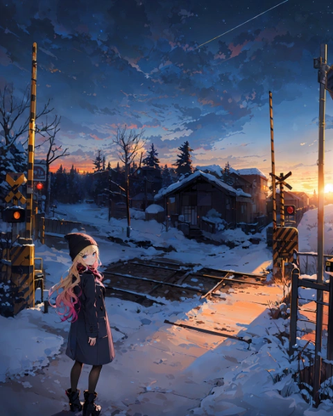 冬の夕焼けと踏切