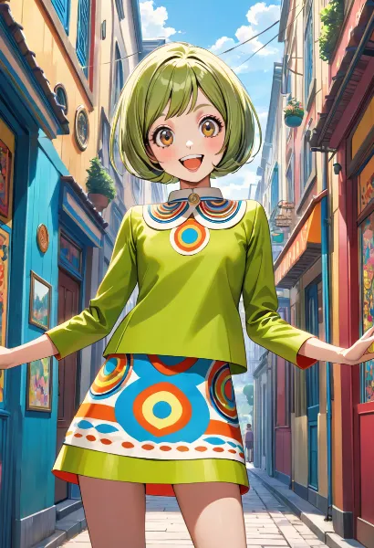 カラフルな路地で笑顔を広げる少女