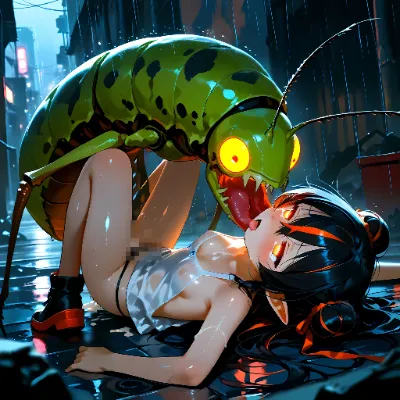 エルフの女の子達と雨夜のバッタ系ベースのモンスター