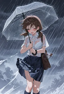 嵐の雨に濡れる透明傘