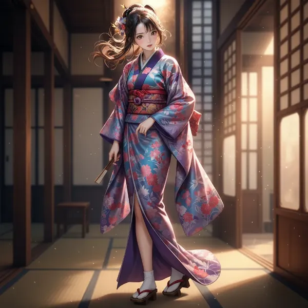 夕陽に輝く花の着物少女