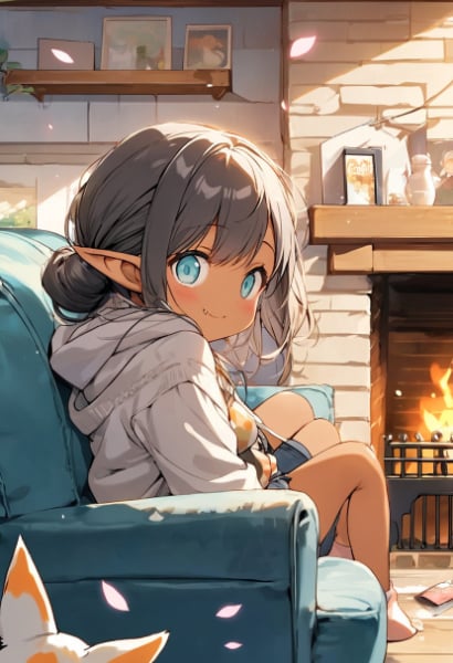 暖炉の前でくつろぐエルフさん