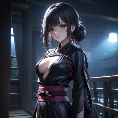 夜の縁側に佇む黒髪美女