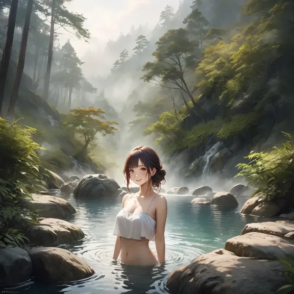 霧の森に佇む温泉の少女