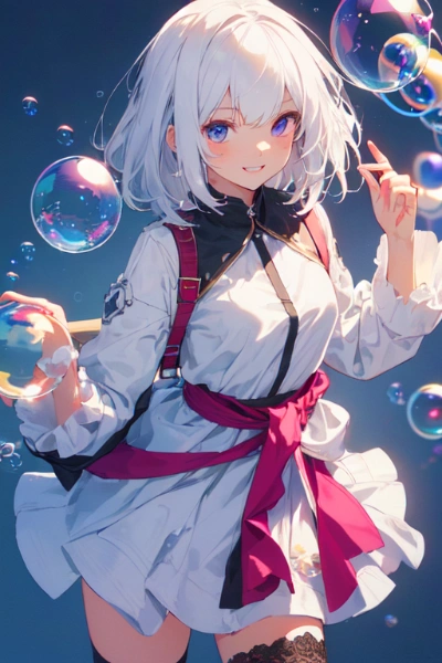 白髪のセミロング女性と、シャボン玉★(3枚)