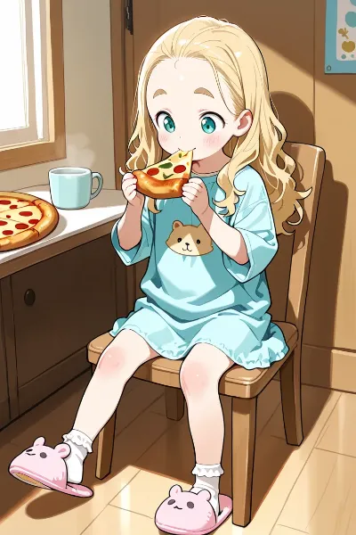 ピザ、パスタ、イタリアンジェラートを食べるおでこちゃん