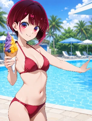 プールサイドでソフトクリーム