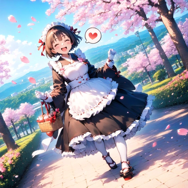 桜並木を歩く和風メイドさん