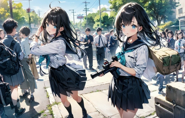 私立ミリオタ学園：右「先輩、スカート履いた男の人いますよ！撃っちゃいますか？」左「アホか銃をしまえ」