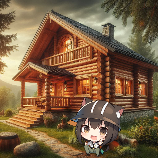 木で新築のログハウスを作ったニャ！