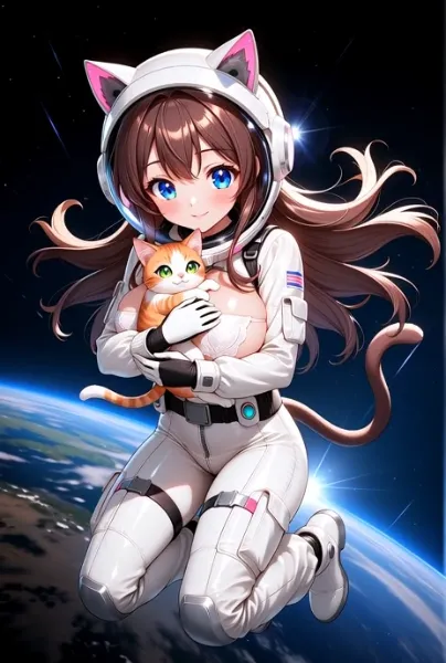 いつもの気密性に問題がある宇宙服で宇宙猫と遊ぶ
