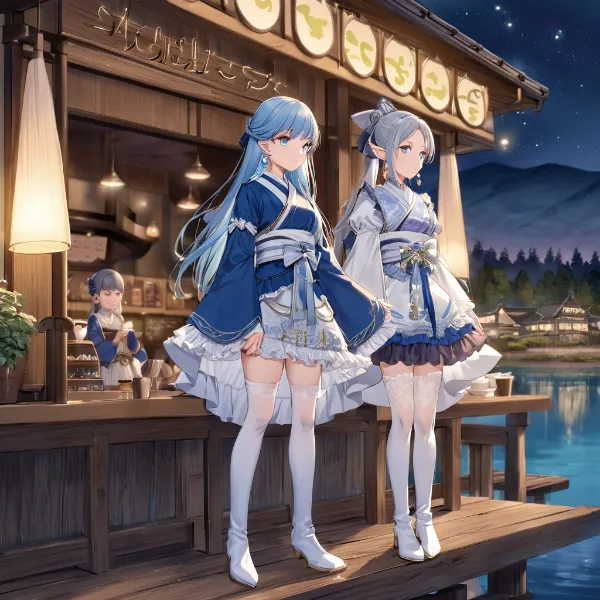 星空の湖畔で輝く双子の姉妹