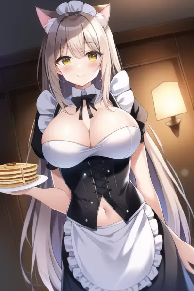 パンケーキを運ぶ猫耳メイドちゃんです。