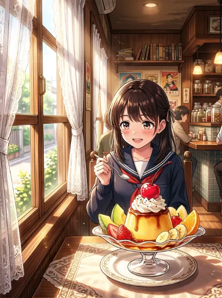プリンアラモードに夢中のセーラー服少女