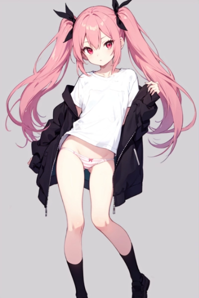 ピンク髪　ツインテール　Tシャツ　パンツ