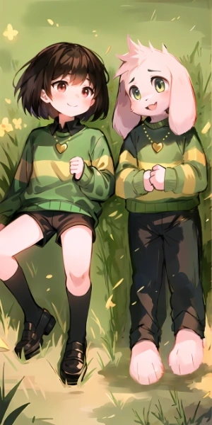 Asriel and Chara lying in the grass.