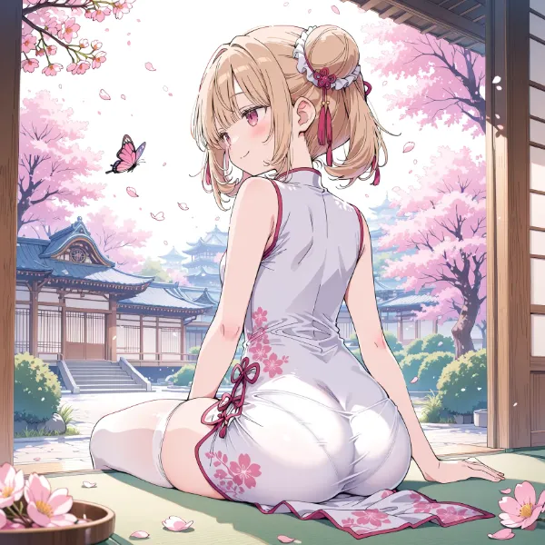 桜舞う縁側でくつろぐ少女