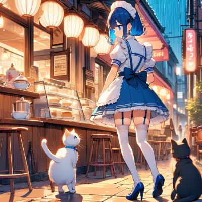 夕暮れの青髪ウエイトレスさん