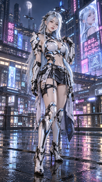 霧雨のネオンに立つ白銀の戦乙女