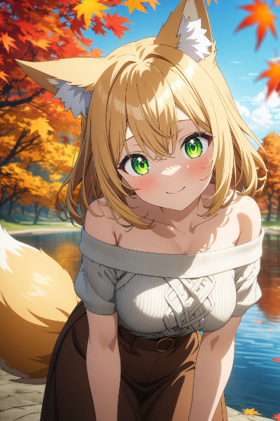 オフショルダーセーターのきつねさん