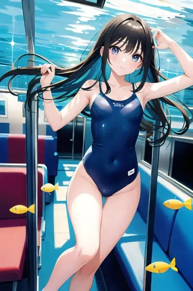 水没した電車内を泳ぐ女の子。