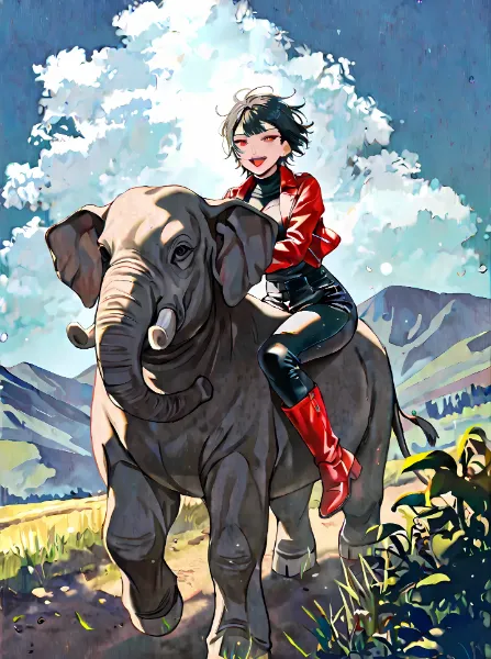 象に乗って戯れるアキラさん