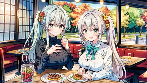 秋風に舞う双子のランチタイム