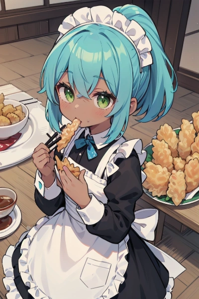 大量の天ぷらを食べさせられる青ポニテメイドちゃん