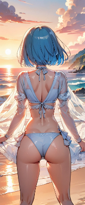 夕陽と青髪さん