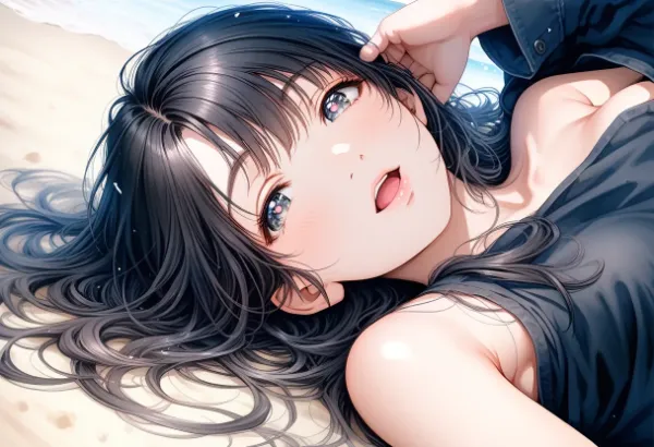 砂浜に溶け込む黒髪の誘惑