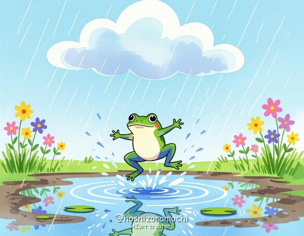 水彩の雨雲の下、水たまりでジャンプするにじみガマ - A frog jumps in a puddle under watercolor rain clouds