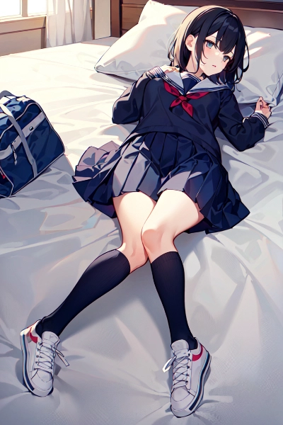ベッドの上でスニーカーを履いた女の子